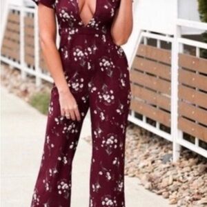 Sadie & Sage Red and White Floral Jumpsuit with V-Neck